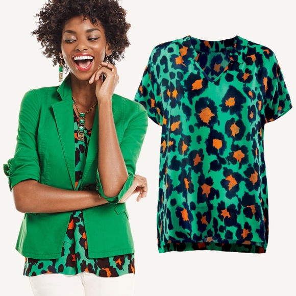 CAbi Tops - CAbi | Green Leopard Print | Blouse | Short Sleeve Shirt | V-Neck | Rita | Small